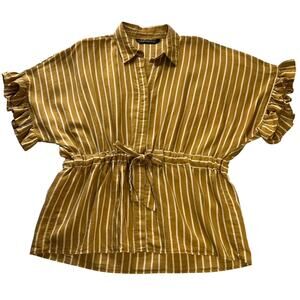 ZARA Ruffle Sleeve Striped Tie-Waist Button Down Blouse | Size L | Boho Feminine
